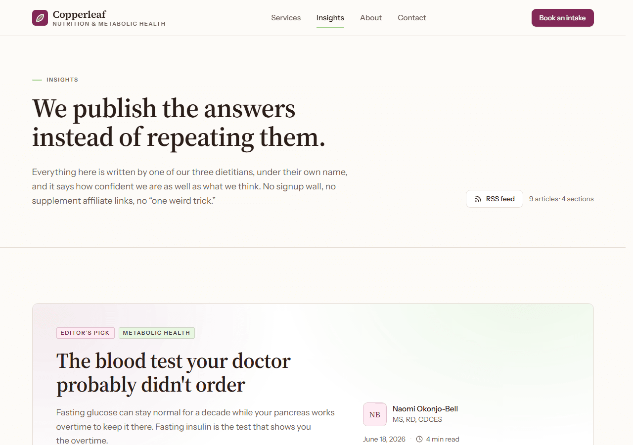 Additional screenshot 3 of the live Copperleaf Nutrition & Metabolic Health demo